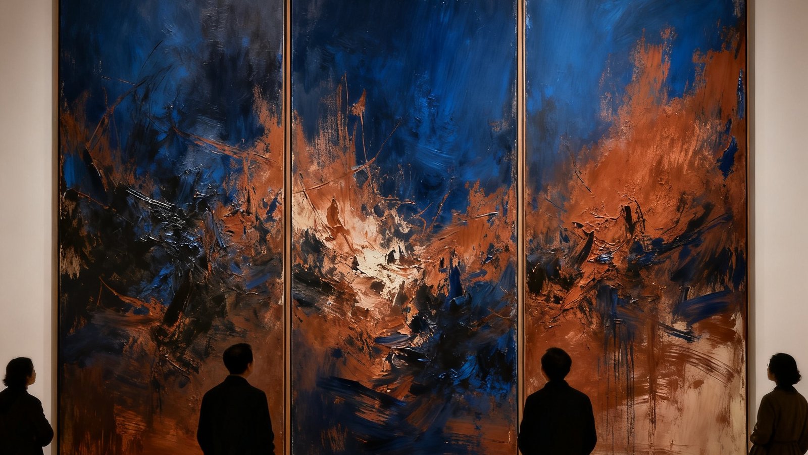 赵无极的巨幅三联抽象油画在展览墙上并列展示，画面以深蓝和赭石色为主调，笔触奔放而富有节奏感，观众在画作前驻足凝望，展厅光线柔和而庄重。