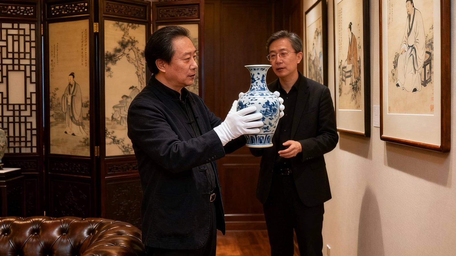 一间装饰典雅的私人鉴赏室里，柔和的灯光下，一位藏家正戴着白手套仔细端详一件青花瓷瓶，旁边的艺术顾问正在轻声讲解瓷瓶的年代特征和釉色细节，墙上挂着几幅明清书画。