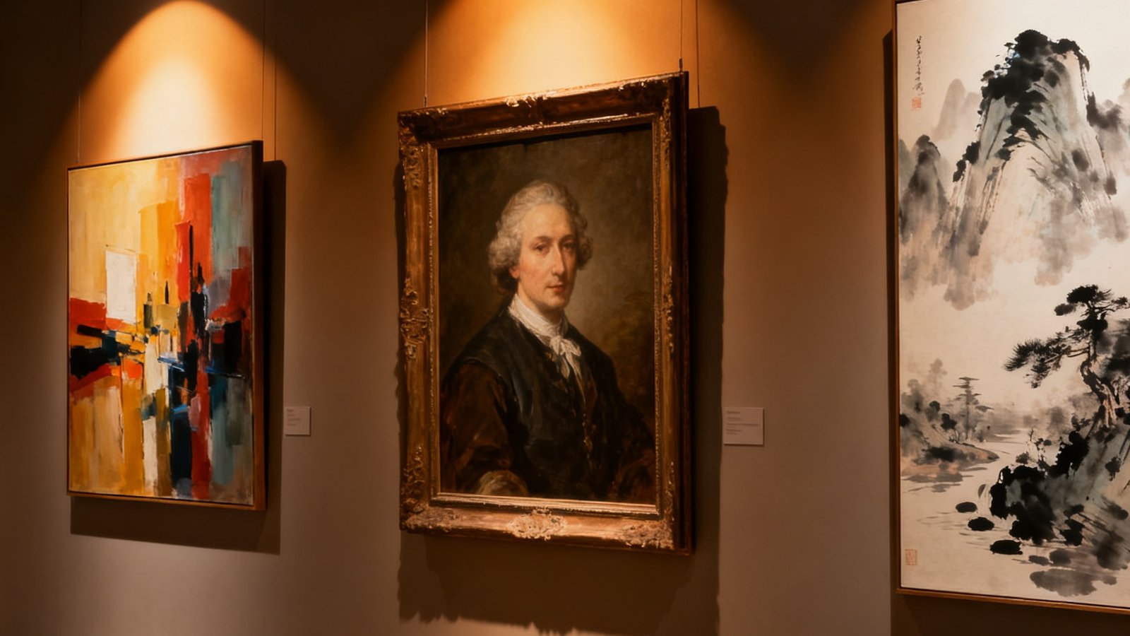 一间光线柔和的现代画廊内景，墙上悬挂着三幅不同风格的艺术品，左侧为当代抽象油画，中间是古典肖像画，右侧是一幅水墨山水，暖色调射灯精准照亮每一件作品，空气中弥漫着静谧而高贵的气息。