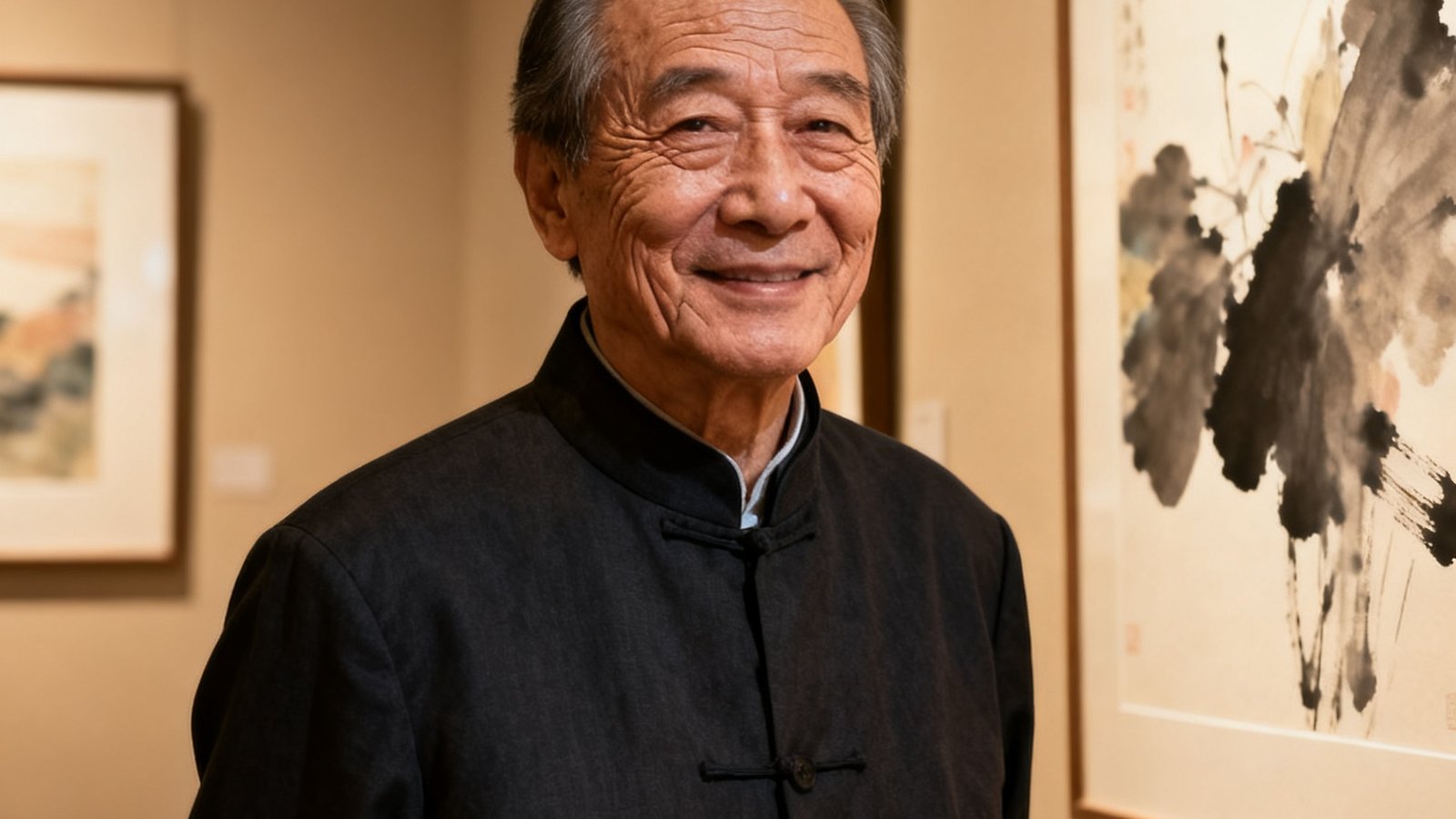 一位60岁左右的男性藏家肖像，他穿着深色中式对襟外套，站在自己收藏的当代水墨作品前，神情从容而满足，背景是一面素雅的米色墙面和几幅装裱精致的画作。