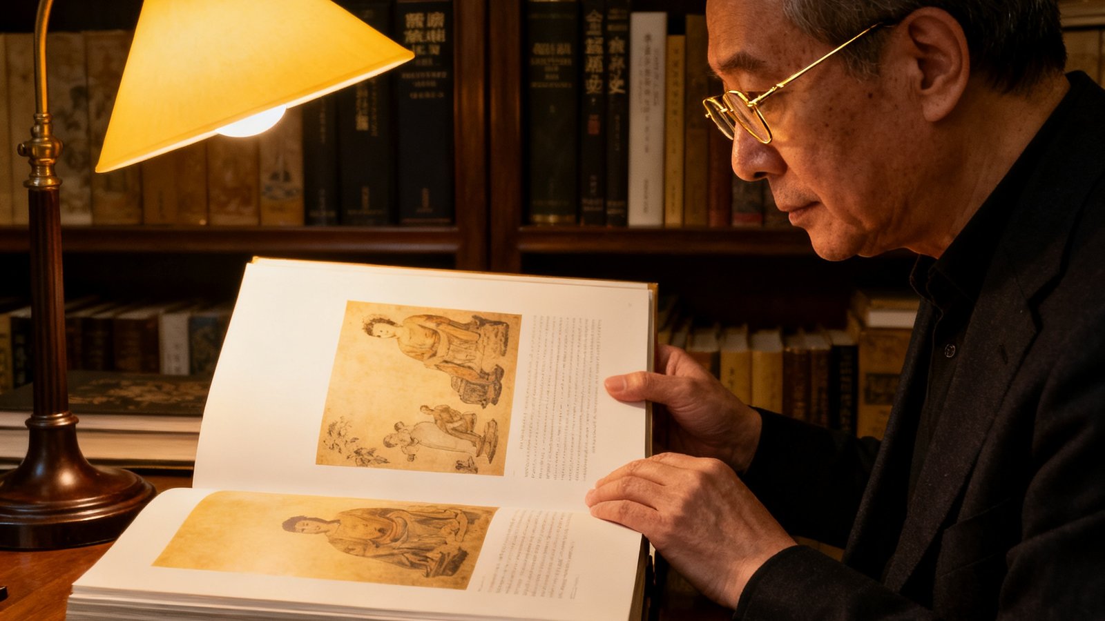 一位50多岁的藏家侧身像，他戴着一副金丝眼镜，正在翻阅一本厚重的拍卖图录，桌上放着一盏台灯和几枚放大镜，身后的书架摆满了艺术史相关书籍，氛围沉静而专注。